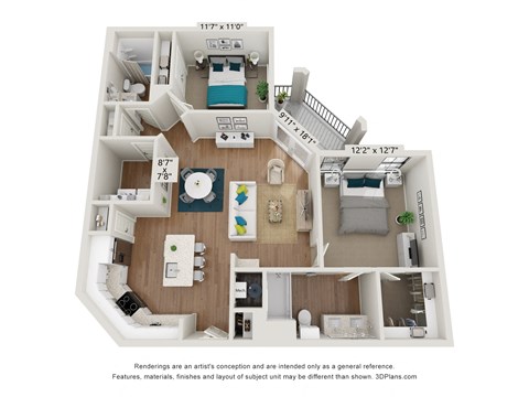 Floor plan for 2 beds, 2 baths, 1138 sqft